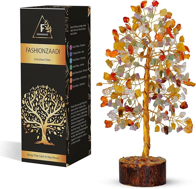 FASHIONZAADI Gemstone Money Tree Reiki Healing Chakra Balancing Handmade Bonsai Trees Spiritual Gift Aura Cleansing Good Luck Home Decor (Mix Chakra Golden Wire)
