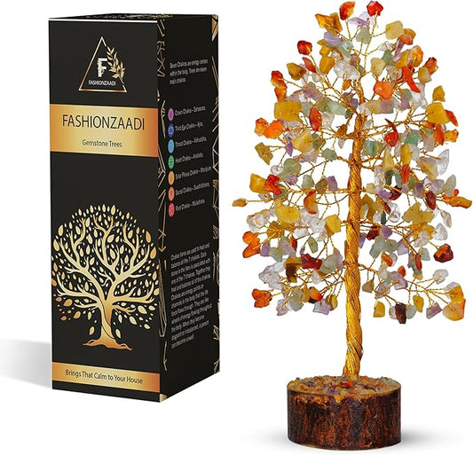 FASHIONZAADI Gemstone Money Tree Reiki Healing Chakra Balancing Handmade Bonsai Trees Spiritual Gift Aura Cleansing Good Luck Home Decor (Mix Chakra Golden Wire)