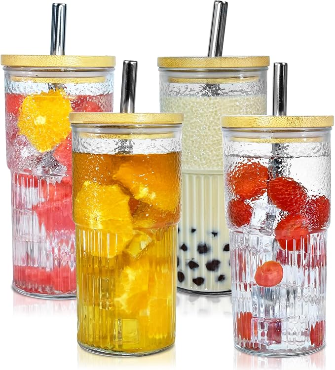 4Pcs 24oz Glass Cups with Lids and Straws, Mason Jar Iced Coffee Cup Wide Mouth Jar Drinking Glasses Set Coffee Mug Smoothie Cup Glass Tumbler Bamboo Lids Metal Straws for Juice and Cocktail Whiskey