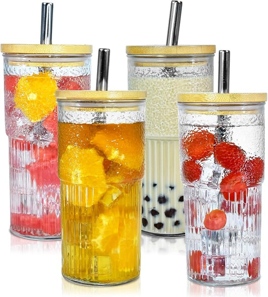 4Pcs 24oz Glass Cups with Lids and Straws, Mason Jar Iced Coffee Cup Wide Mouth Jar Drinking Glasses Set Coffee Mug Smoothie Cup Glass Tumbler Bamboo Lids Metal Straws for Juice and Cocktail Whiskey