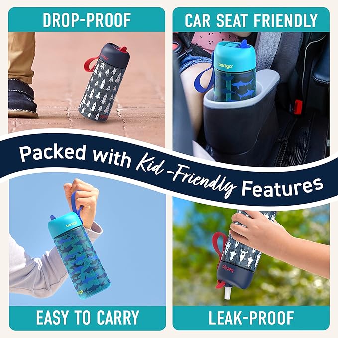 Bentgo Kids Water Bottle 2-Pack - Leak-Proof, Durable Tritan, BPA-Free 15 oz. Cup for Kids/Toddlers Ages 3+, Safe Sip Spout, & Dishwasher Safe for School/Sports/Daycare/Camp (Rocket/Shark)