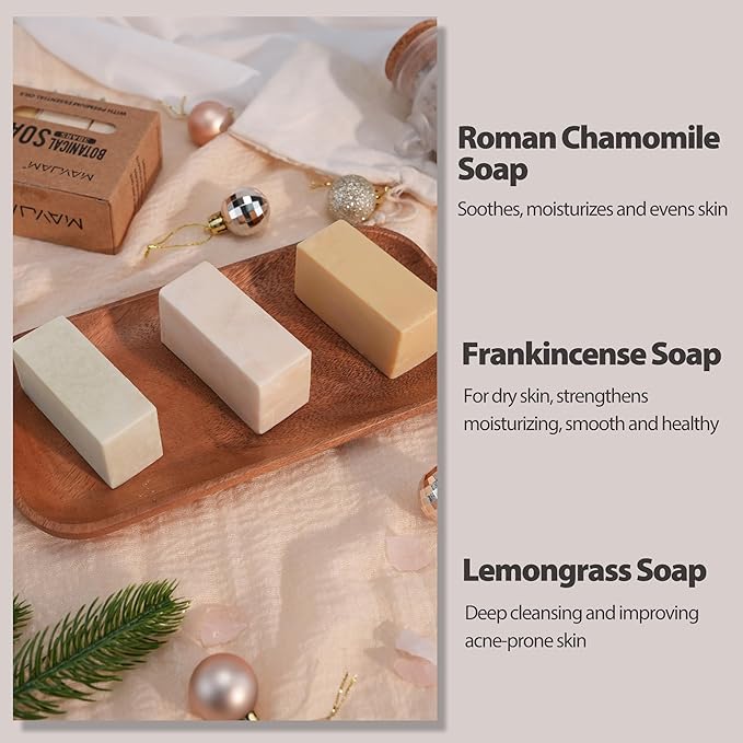 MAYJAM 3 Pcs Clean Bar Soap with Vitamin E Olive Natural Essential Soap Bar Gift Set for Body Face Smooth Skin Bath Soap for All Skin Types Roman Chamomile,Frankincense,Lemongrass Soap Handmade