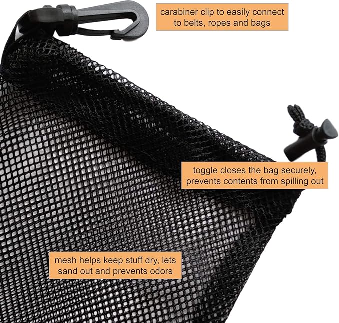 PALTERWEAR Mesh Drawstring Bag With Clip and Toggle Closure - For Watersports, Outdoor, Gym - Multi-Use Set of 4 (Black, 6 x 8 inch)