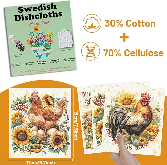 Swedish Dishcloths for Kitchen, 6 Pack Farm Reusable Paper Towels Housewarming Gifts for Women, Chicken Rooster Absorbent Dish Rags for Washing Dishes