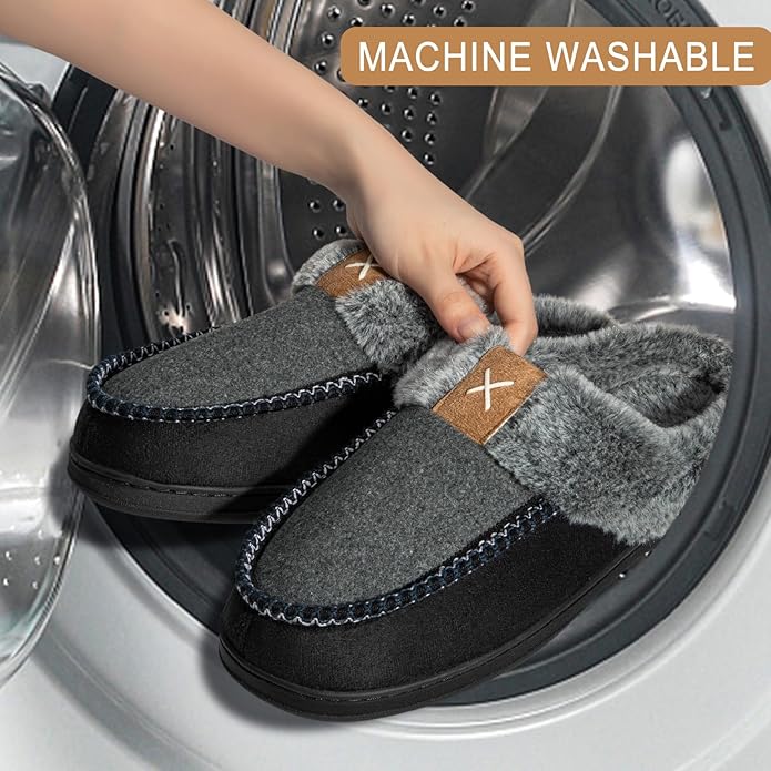Homitem Mens Slippers Moccasins Memory Foam Fuzzy Slippers for Men Wool-Like Plush Fleece Lined House Shoes Indoor Outdoor Anti-Skid Rubber Sole Home Bedroom