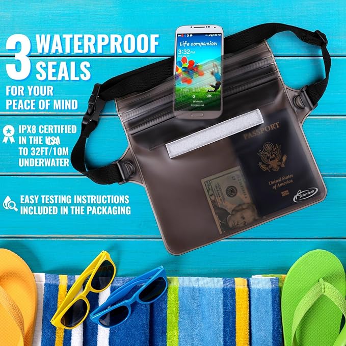 AiRunTech Waterproof Fanny Pack, Beach Cruise Vacation Essentials, Waterproof Pouch Protect Phone Passport Valuables Dry Safety, Paddle Board Kayaking Boating Swimming Accessories-2 Pack（Gray + Black）