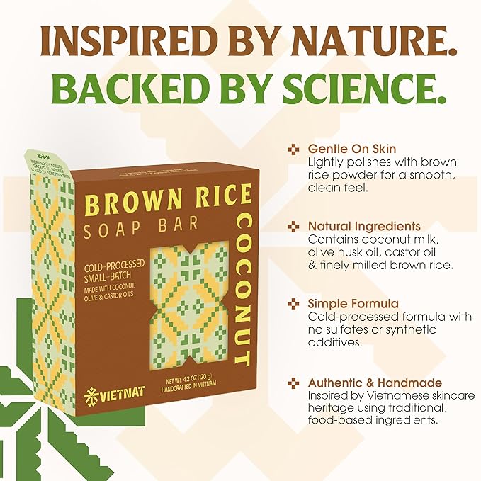 Brown Rice & Coconut Soap Bar (Pack of 3) – 2-in-1 Exfoliating & Nourishing, Cold Process Handmade Soap with Rice Bran & Coconut Milk, Gentle Daily Body Bar