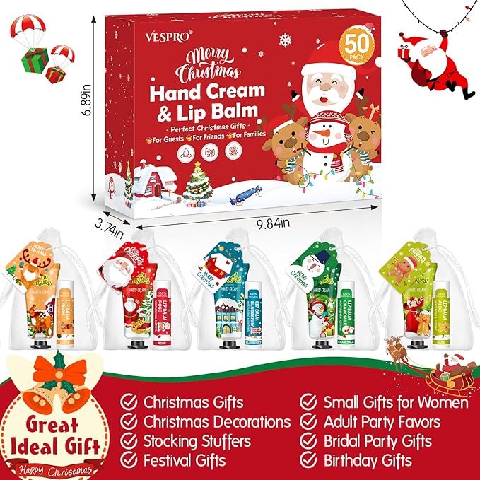 VESPRO 50 Pack Christmas Hand Cream and Lip Balm Gift Set, Bulk Christmas Gifts with Christmas Cards and Organza Bag, Christmas Decorations, Party Favors and Stocking Stuffers for Women