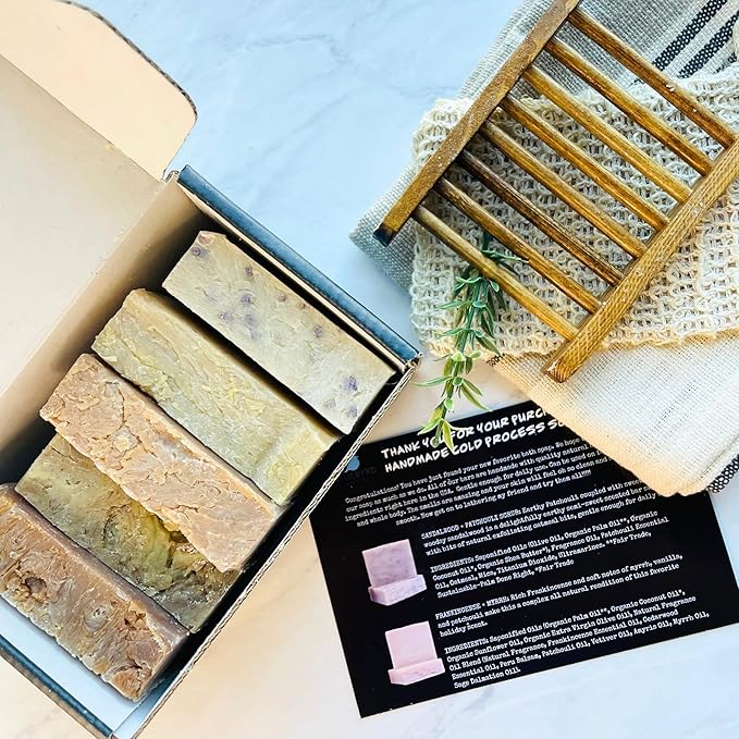 BLUEBYRD Handmade Soap Bar Gift Box - Woodsy Scent 5 Bar Variety Pack Body Soap | Shaving Soap - Homemade Soap Gift for Men & Women - Sandalwood, Patchouli, Frankincense, Orange, Cedar (Woods)