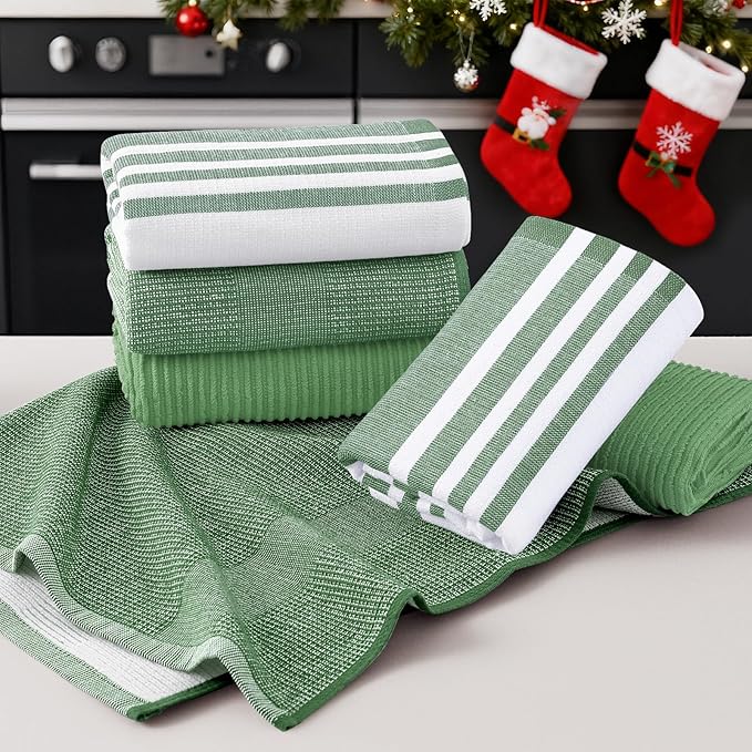 Homaxy Premium Kitchen Towels(18”x 28”, 6 Pack), Large Cotton 380 GSM Kitchen Hand Towels, Soft and Absorbent Terry Dish Towels, Multipurpose Tea Towel Set with Hanging Loop, Grass Green