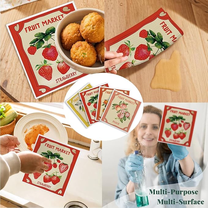 Swedish Dishcloths for Kitchen, Pink Strawberries Peach Orange Lemon Swedish DishCloths for Summer Friut Market, 4 Pack Dish Towels for Kitchen, Papaya Reusable Paper Towels Washable