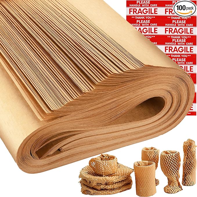 Packing Paper Sheets For Moving, MINHAO Honeycomb Packing Paper Sheets with 1.6X Stretchability for Shipping, Box Filler, Wrapping and Protecting Fragile Items Easy Use 4.74 Lbs (100 Sheets, 28"x15")