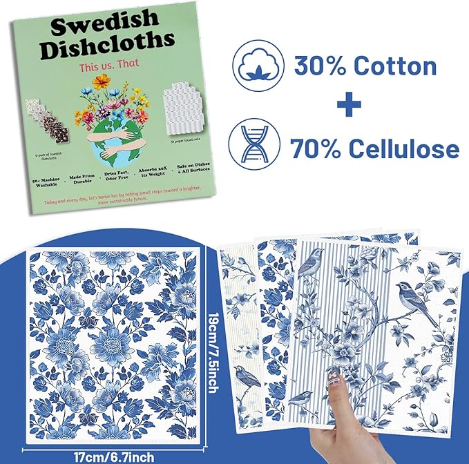 Blue Floral Swedish Dishcloths for Kitchen, 6 Pack Reusable Dish Paper Hand Towels Housewarming Gifts, Absorbent Dish Rags for Home Cooking Cleaning