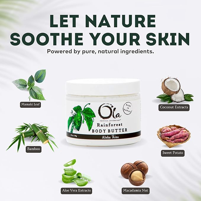 Rainforest Body Butter – Moisturizing Cream with Pure Coconut Oil and Hawaiian Plant Extracts - Ideal for Dry Skin - 5.6oz