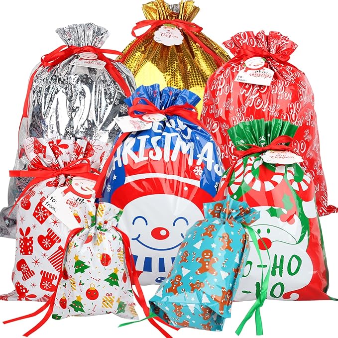 POPGIFTU 40-Pack Christmas Drawstring Gift Bags – 8 Festive Designs | Reusable Foil Holiday Wrapping Bags with Tags | Assorted XL/L/M/S Santa Xmas Gift Bags