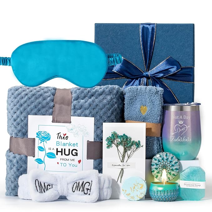 Gifts Basket for Women,Birthday Gifts for Women Birthday Presents Friendship Gifts Get Well Soon Gifts Self Care Package Gifts Blue Gift Box Relaxing Set Unique Gifts with Blanket for Mom,Wife,Sister