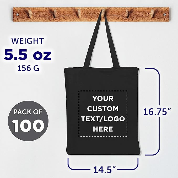 DISCOUNT PROMOS Custom Cotton Canvas Tote Bags Set of 100, Personalized Bulk Pack - Reusable, Great for Shopping, Grocery, Beach, Picnic, Wedding Favors - Black