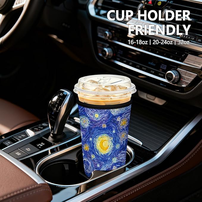 Iced Coffee Sleeve, Reusable Insulated Neoprene Cup Sleeve for Cold & Hot Drinks Beverages, Cup Holder for 16oz-18oz Coffee Cups, Starry Night