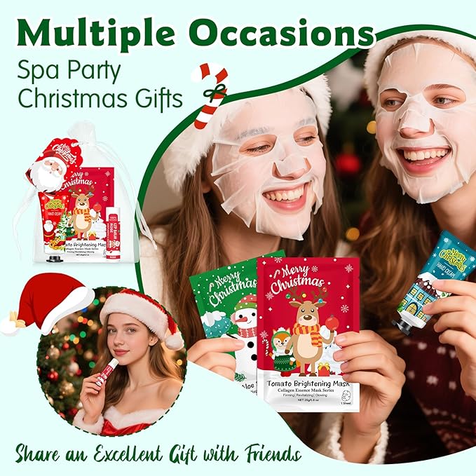 50 Pack Christmas Hand Cream, Facial Mask and Lip Balm Gift Set, Stocking Stuffers for Women, Bulk Christmas Gifts with Christmas Cards Organza Bag for Christmas Party Supplies, Christmas Decorations
