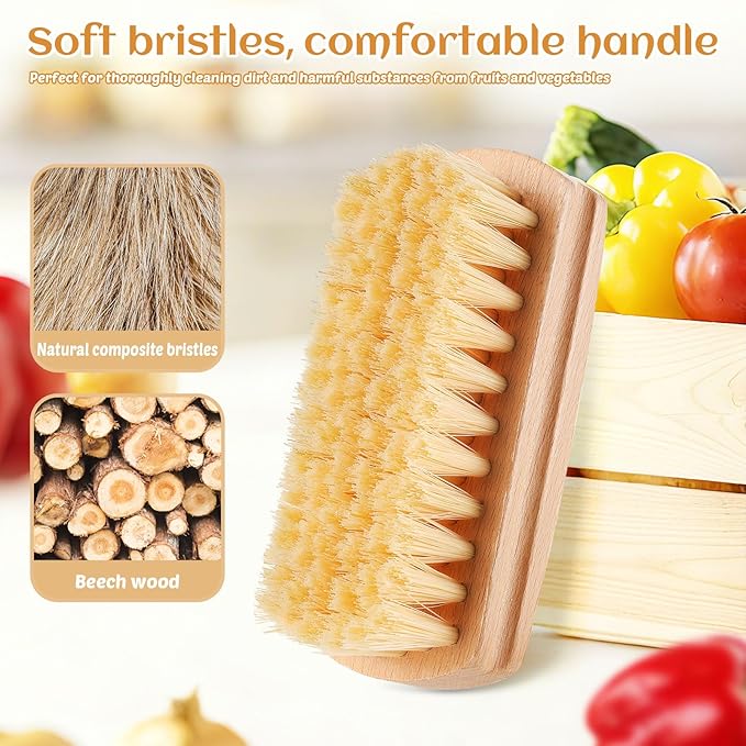 Vegetable and Fruit Cleaning Brush Scrubber Beechwood Handle Fruits Veggie Wash Brushes Potato Carrot Cucumber Mushrooms Washing Cleaner(Beige, 1)
