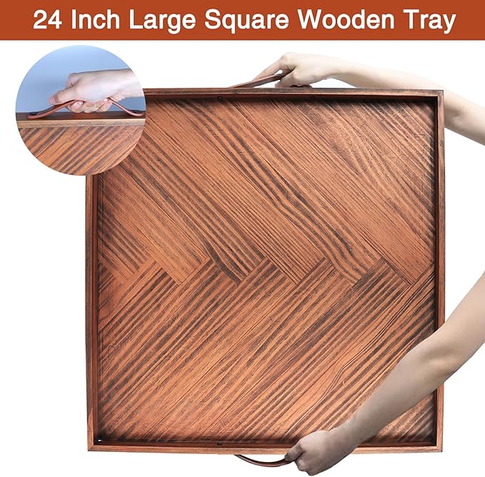 Large Ottoman Wood Trays, Wooden Serving Tray with Handles, Large Ottoman Tray, Square Wooden Serving Tray for Coffee Table, Living Room and Kitchen, 24 x 24 inch