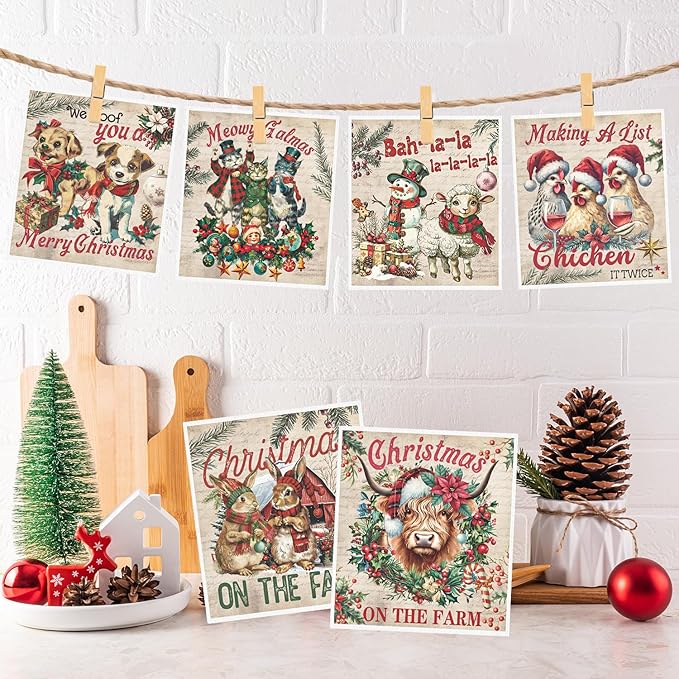 Christmas Swedish Dishcloths for Kitchen, 6 Pack Vintage Farm Animals Reusable Paper Towels Housewarming Gifts for Women, Xmas Absorbent Dish Rags for Home Cleaning