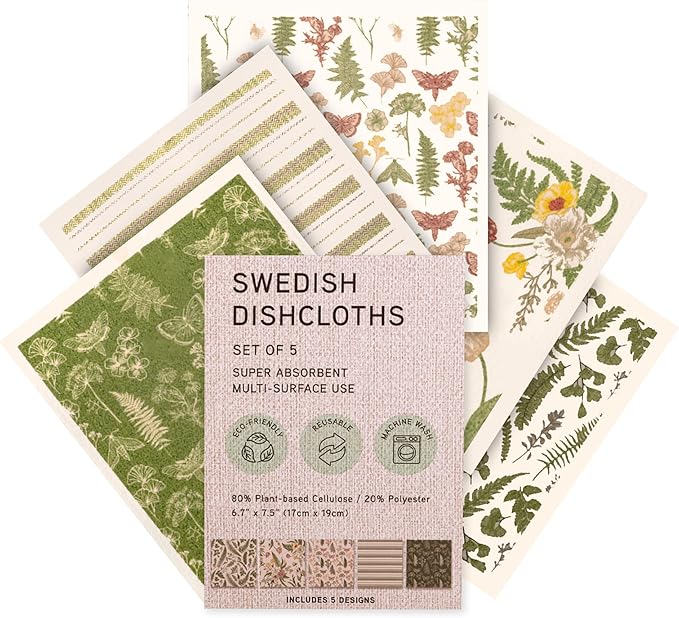 MosJos Swedish Dishcloths, Vintage Plant-Based Cellulose, 6.7x7.5 Inch, Super Absorbent, Multi-Surface, Machine Washable, Reusable, 5 Pack (Green)