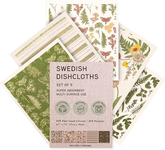 MosJos Swedish Dishcloths, Vintage Plant-Based Cellulose, 6.7x7.5 Inch, Super Absorbent, Multi-Surface, Machine Washable, Reusable, 5 Pack (Green)