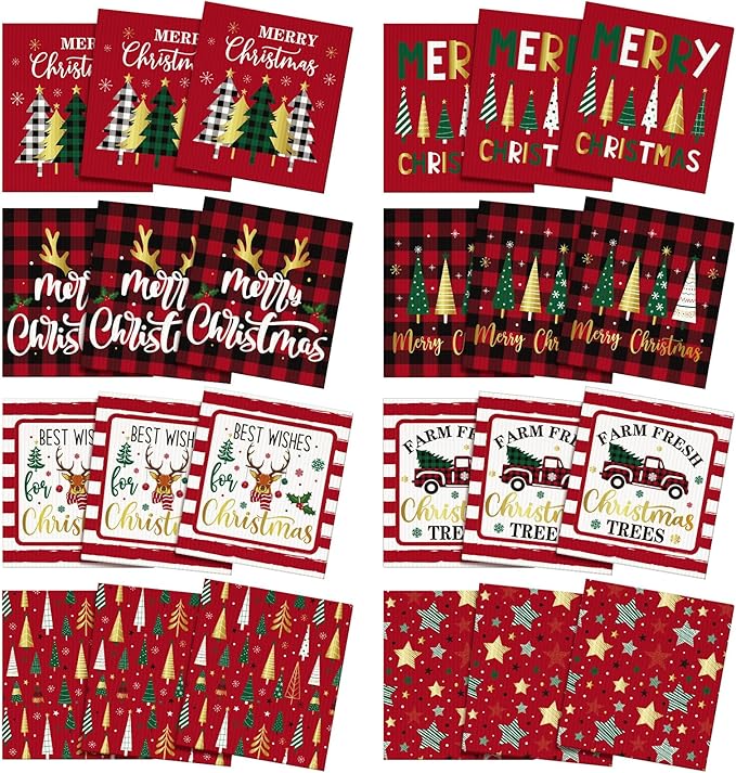 Sunnyray 24 Pcs Swedish Kitchen Dish Cloths Kitchen Towels Reusable Sponge Cleaning Cloths Wipes Absorbent Washable Dish Rags for Bathroom Cleaning(Red,Groovy Style)