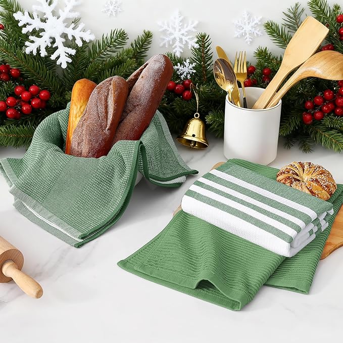 Homaxy Premium Kitchen Towels(18”x 28”, 6 Pack), Large Cotton 380 GSM Kitchen Hand Towels, Soft and Absorbent Terry Dish Towels, Multipurpose Tea Towel Set with Hanging Loop, Grass Green
