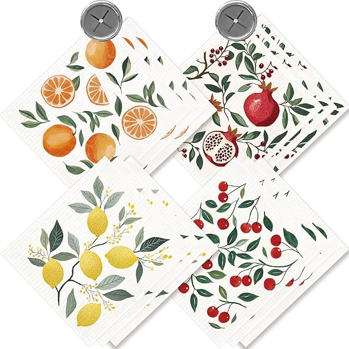 Morigins 12 Pack Swedish Dishcloths with 2 Push Towel Hooks - Highly Absorbent Dish Towels for Kitchen, Fast Drying Dish Cloths for Washing Dishes - Fruit Set