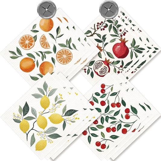 Morigins 12 Pack Swedish Dishcloths with 2 Push Towel Hooks - Highly Absorbent Dish Towels for Kitchen, Fast Drying Dish Cloths for Washing Dishes - Fruit Set