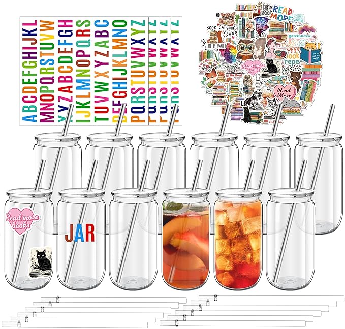 16 oz Clear Plastic Cups Reusable with Lids and Straws & DIY Sticker, 12Pack Acrylic Mason Jars Iced Coffee Drinking Glasses Cup for Park Picnic, Poolside, Party Giveaways
