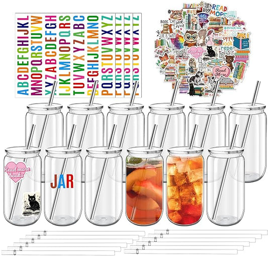 16 oz Clear Plastic Cups Reusable with Lids and Straws & DIY Sticker, 12Pack Acrylic Mason Jars Iced Coffee Drinking Glasses Cup for Park Picnic, Poolside, Party Giveaways