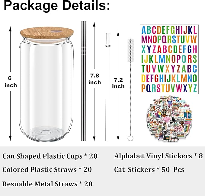 16 oz Clear Plastic Cups Reusable with Bamboo Lids and Straws & DIY Sticker, 20Pack Acrylic Mason Jars Iced Coffee Drinking Glasses Cup for Park Picnic, Poolside, Party Giveaways