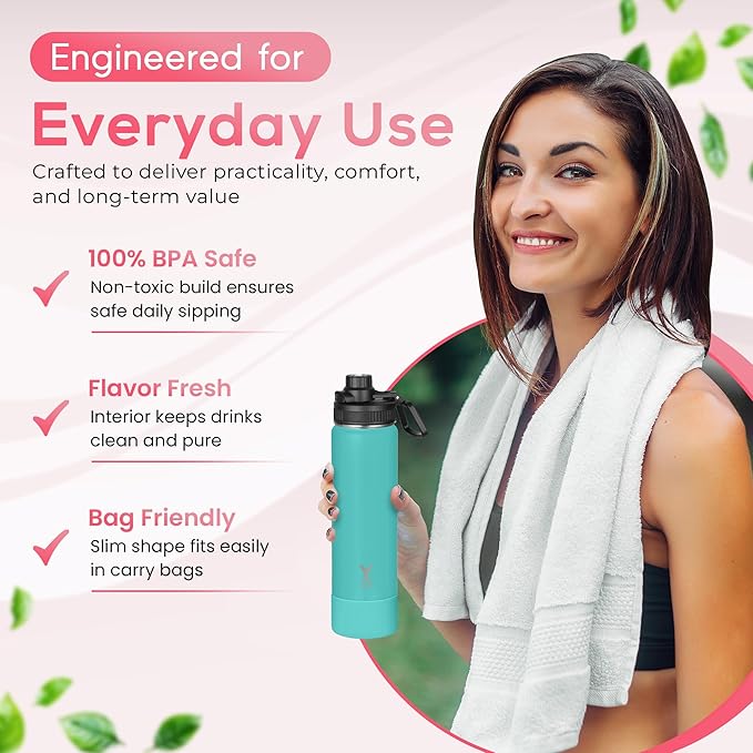 Y TOP 24oz Insulated Water Bottle Cup Holder Friendly, Leak Proof Spout Lid, Double Wall Insulation, Dishwasher Safe, Easy Clean Stainless Steel Water Bottle for Gym Kids Sports Travel School Hiking