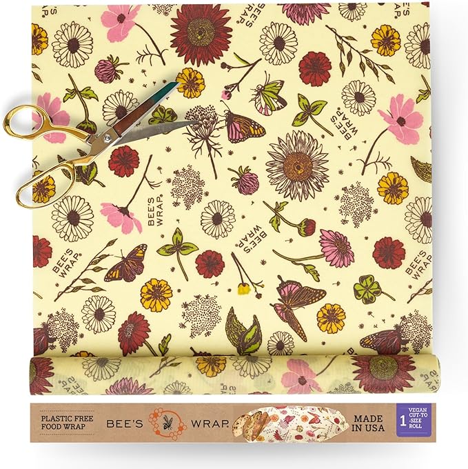 Bee's Wrap Vegan Beeswax Wraps for Food - Cut to Size 14x52" Wax Paper Roll, Made in USA Reusable Waxed Paper & Bowl Covers, Organic Eco-Friendly Alternative to Aluminum Foil, Meadow Magic
