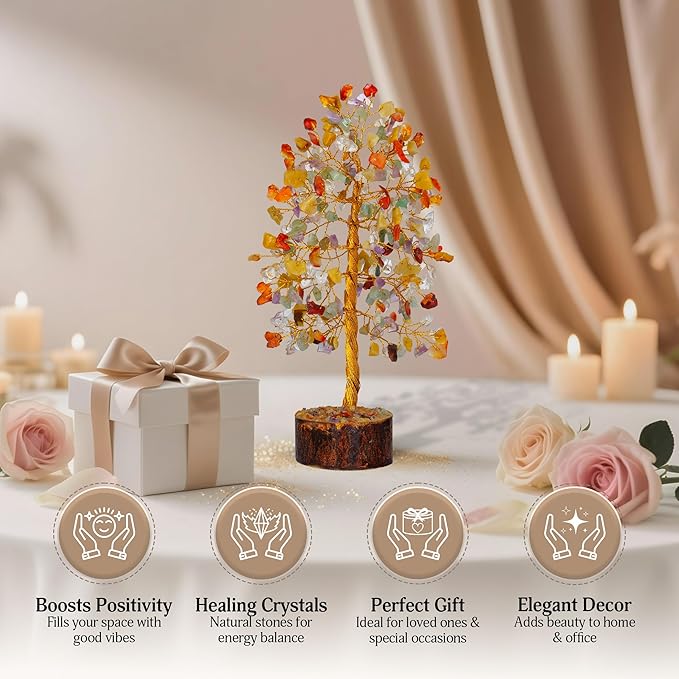 FASHIONZAADI Gemstone Money Tree Reiki Healing Chakra Balancing Handmade Bonsai Trees Spiritual Gift Aura Cleansing Good Luck Home Decor (Mix Chakra Golden Wire)