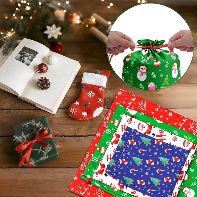 ARGCONNER 12 Pcs Christmas Drawstring Gift Bags, Assorted Reusable Fabric Gift Wrapping Bags in 4 Sizes and Designs for Gifts Xmas Party Holiday Favors
