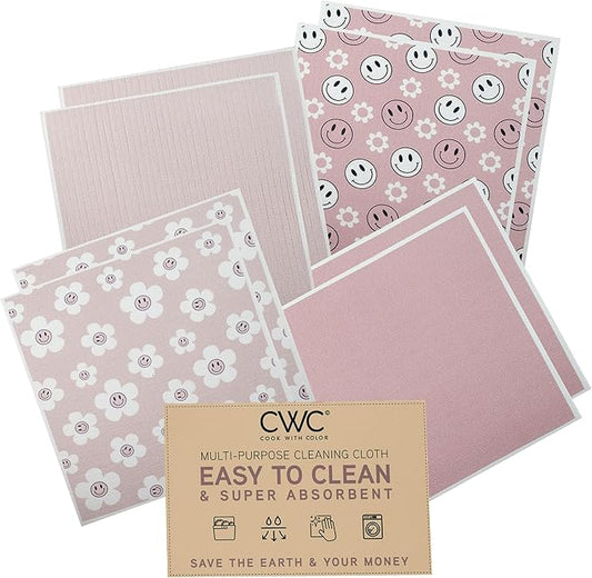 COOK WITH COLOR Eco-Friendly Reusable Swedish Dishcloths for Kitchen - Pack of 8 Reusable Paper Towels, Biodegradable Cellulose Sponge Cloths- Assorted Designs and Colors, Pink Floral