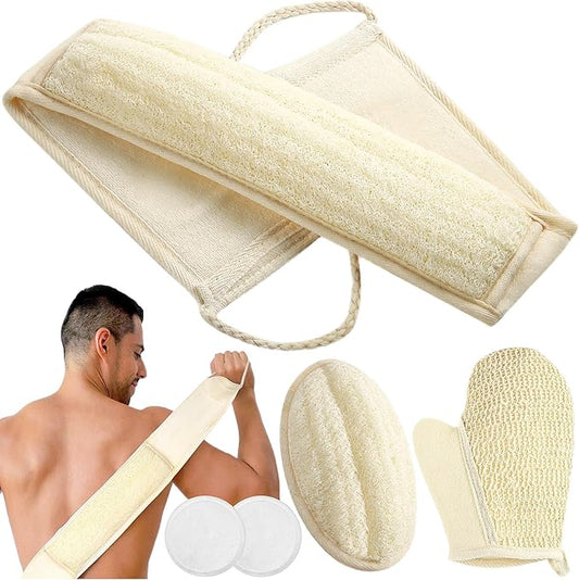 Exfoliating Natural Loofah Sponge Back Scrubber for Shower, 5 Pack Loofah Sponge Pads & Exfoliating Glove, Bath Shower Scrubber for Men and Women