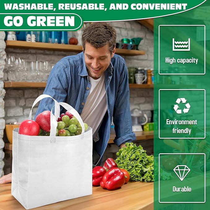 Windyun Reusable Grocery Bags Large Non Woven Shopping Bags with Handles Foldable Portable Tote Bulk, 12.6 x 11.8 x 6.3 Inch