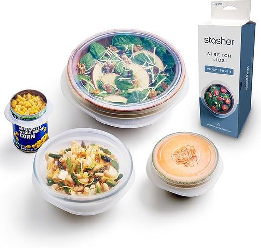 Stasher Premium Reusable Silicone Stretch Lids Variety 4-Pack, Clear, 9", 6.5", 4.5", 2.5", Airtight Seal, Food Container Covers, BPA Free, Leak-free, Dishwasher Safe, Microwave Safe, Eco-Friendly