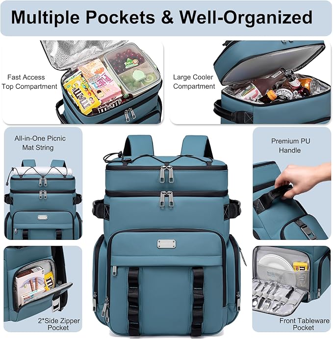 Weitars Insulated Cooler Backpack,Double Deck Waterproof Soft Cooler Bag,Backpack Coolers Leak Proof Lunch Backpack for Men Women for Travel,Camping,Picnic,Beach,Picnic,Outdoor 31L/52 Can