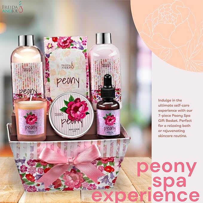 7-Piece Bath and Body Gift Set for Women with Shower Gel, Body Lotion, Body Scrub, Body Oil, Bath Salt, and Scented Candle – Perfect Spa Gift (Peony Floral)