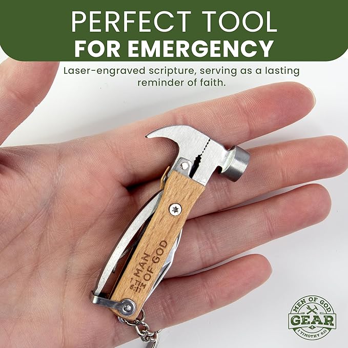 5-in-1 Hammer Keychain Multi-Tool - Laser-Engraved Man of God, 1 Tim 6:11 Scripture - Multitool Keychain Pliers with Blade, Opener, Nail Pry & More - Christian Pocket Tools For Men