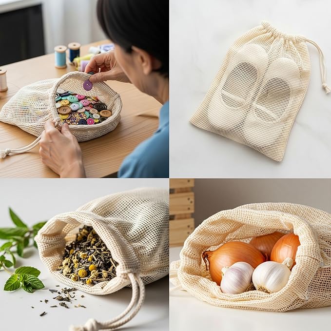 LITO LINEN AND TOWEL Organic Cotton Mesh Produce Bags – Small Reusable Grocery Bags (4 Pack) | Washable, Lightweight & Breathable Storage for Fruits, Vegetables, Bulk Foods & Zero Waste Living 7"x10"