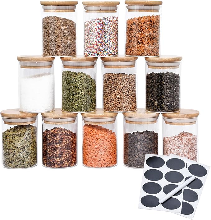 12 pcs Spice Jars | Glass Jar Bamboo Lids Food Storage Containers 7oz Glass Jar | Includes Pen and Decorative Labels | Dozen Spice Jars | Tea, Sugar, Salt, Herbs | Bonus Item