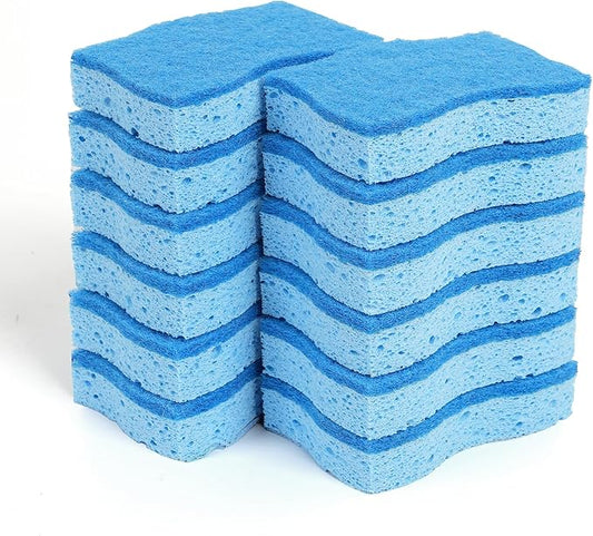 Kitchen Sponges – 12 Pack – Non-Scratch Dual-Sided Cellulose Scrub Sponges for Dishes, Pots, and Pans – Durable, Absorbent, and Reusable (Dark Blue/Light Blue)
