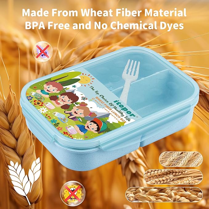Wheat Straw Lunch Box - Leakproof Bento Box for Kids & Adults, BPA-Free 3-Compartment Food Containers, Microwave & Dishwasher Safe (Blue, 5.5 Cup)